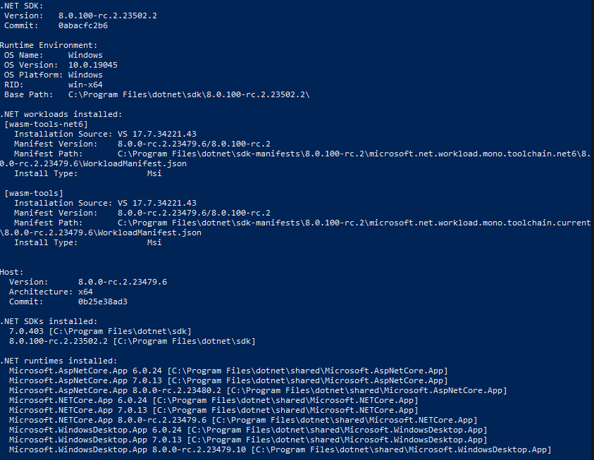Respuesta del comando dotnet --info en PowerShell